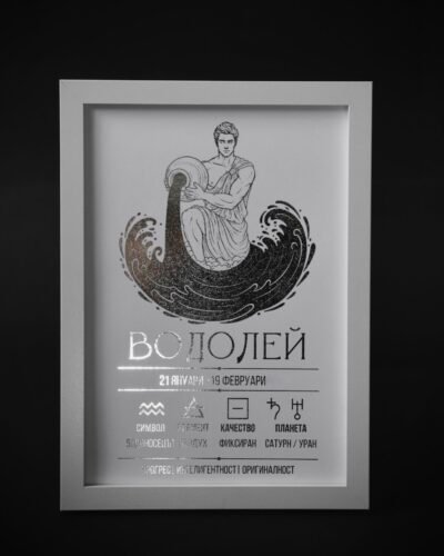 Zodiac_poster_aquarius Постер на зодия Водолей, бяла хартия със сребърно фолио, рамкиран — The Cosmic Foil Atelier