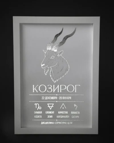 Zodiac_poster_capricorn Постер на зодия Козигор, бяла хартия със сребърно фолио, рамкиран — The Cosmic Foil Atelier
