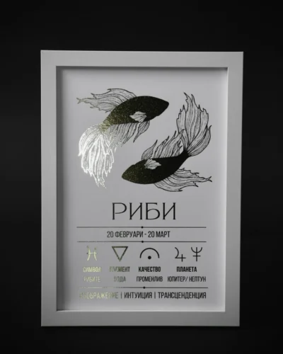 Zodiac_poster_pisces Постер на зодия Риби, бяла хартия със златно фолио, рамкиран — The Cosmic Foil Atelier