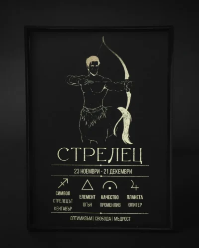 Zodiac_poster_sagitarius Постер на зодия Стрелец, черна хартия със златно фолио, рамкиран — The Cosmic Foil Atelier