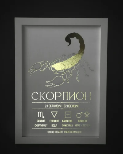 Zodiac_poster_scorpio Постер на зодия Скорпион, бяла хартия със златно фолио, рамкиран — The Cosmic Foil Atelier