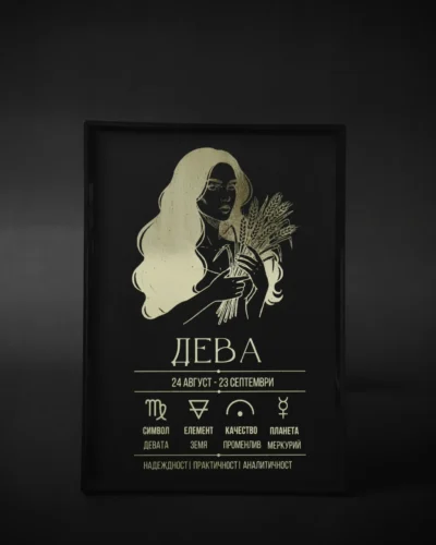 Zodiac_poster_virgo Постер на зодия Дева, черна хартия със златно фолио, рамкиран — The Cosmic Foil Atelier