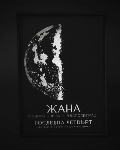 moon_poster_last_quarter Постер на лунна фаза по дата на раждане, черна хартия със сребърно фолио, рамкиран — The Cosmic Foil Atelier