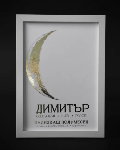 moon_poster_waning_crescent Постер на лунна фаза по дата на раждане, бяла хартия със златно фолио, рамкиран — The Cosmic Foil Atelier