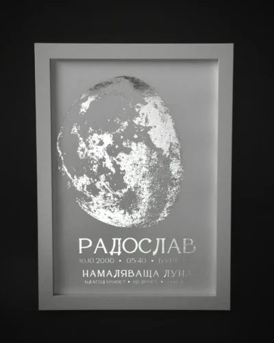 moon_poster_waning_gibbous Постер на лунна фаза по дата на раждане, бяла хартия със сребърно фолио, рамкиран — The Cosmic Foil Atelier
