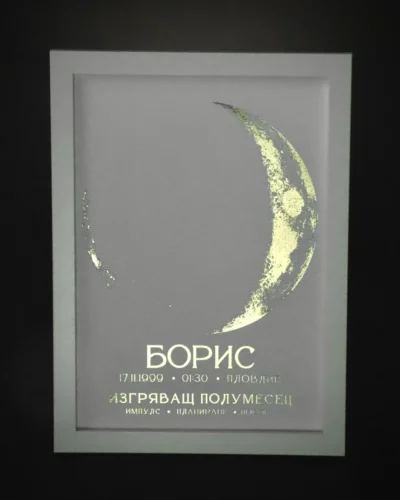 moon_poster_waxing_crescent Постер на лунна фаза по дата на раждане, бяла хартия със златно фолио, рамкиран — The Cosmic Foil Atelier